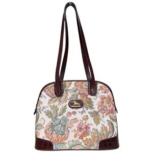 Cristian Vintage Tapestry Floral Structured Shoulder Bag with Brown Leather Trim